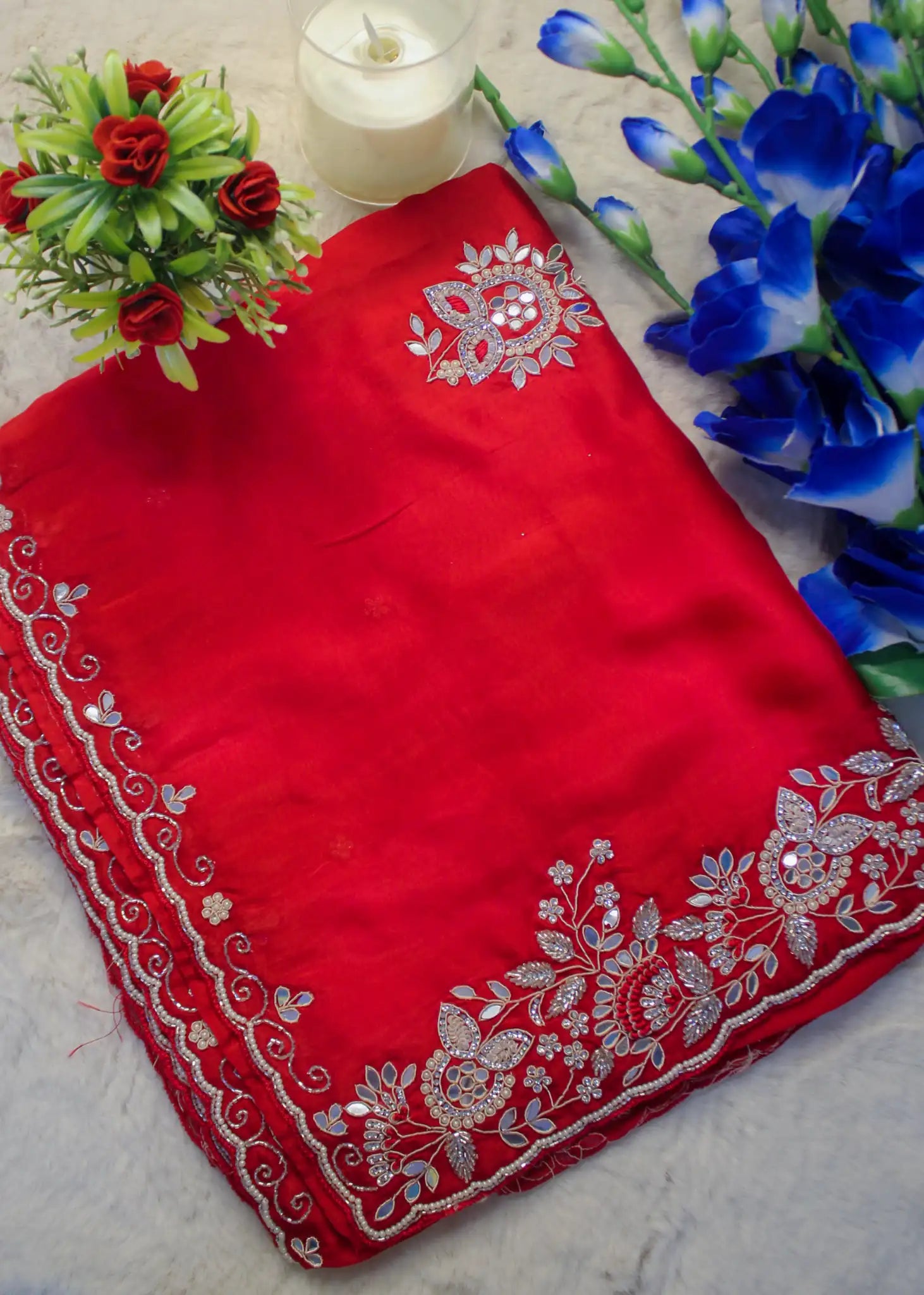 Red Satin-Silk Saree with Silver Zari & Hand Embroidery
