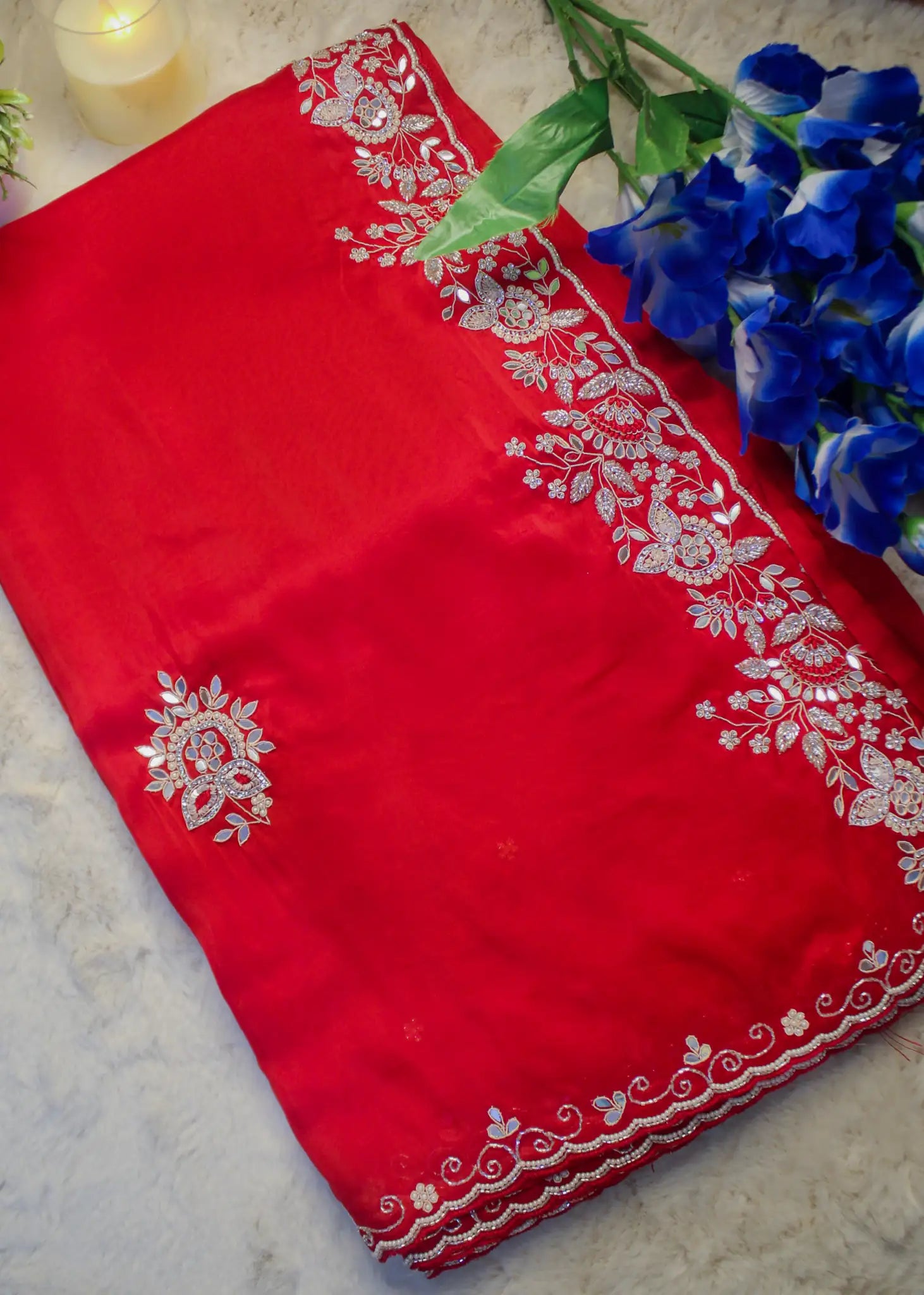 Red Satin-Silk Saree with Silver Zari & Hand Embroidery