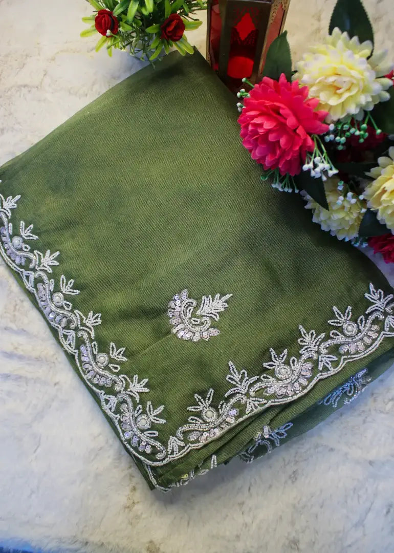 Olive Green Organza Saree with White Embroidery & Beadwork