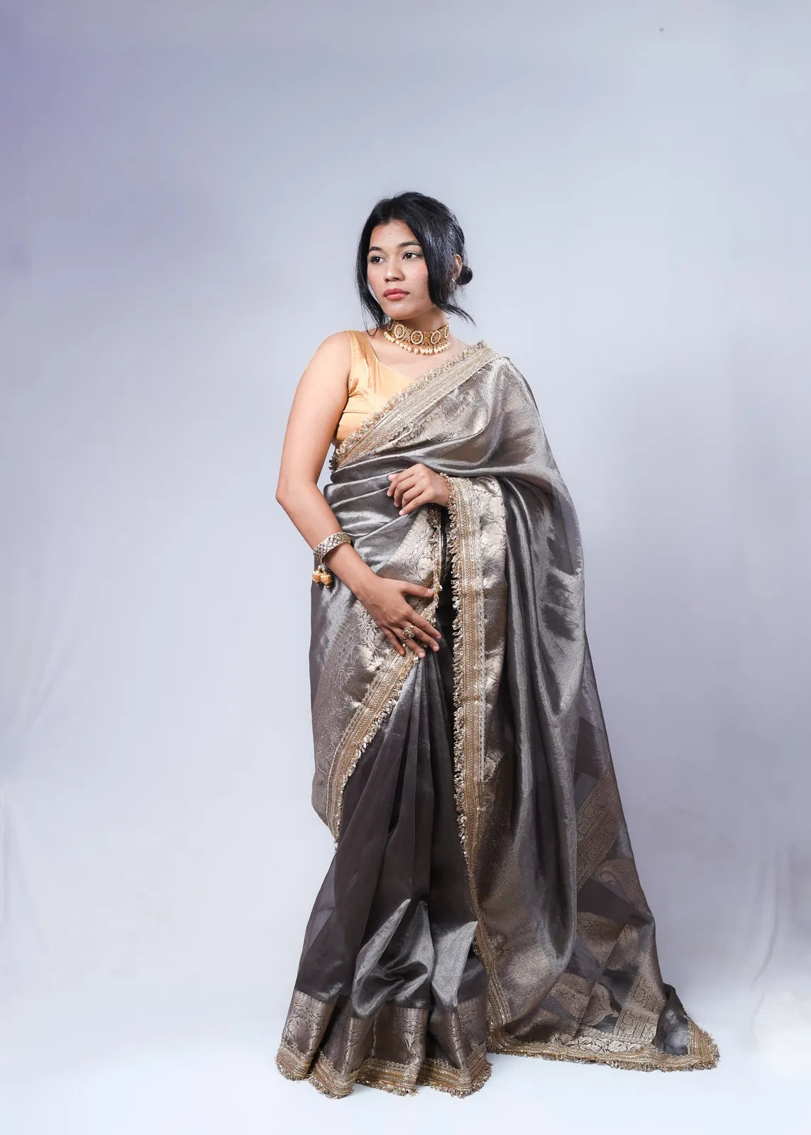 Banarasi Handwoven Tissue Saree in Grey with Zari & Lace details