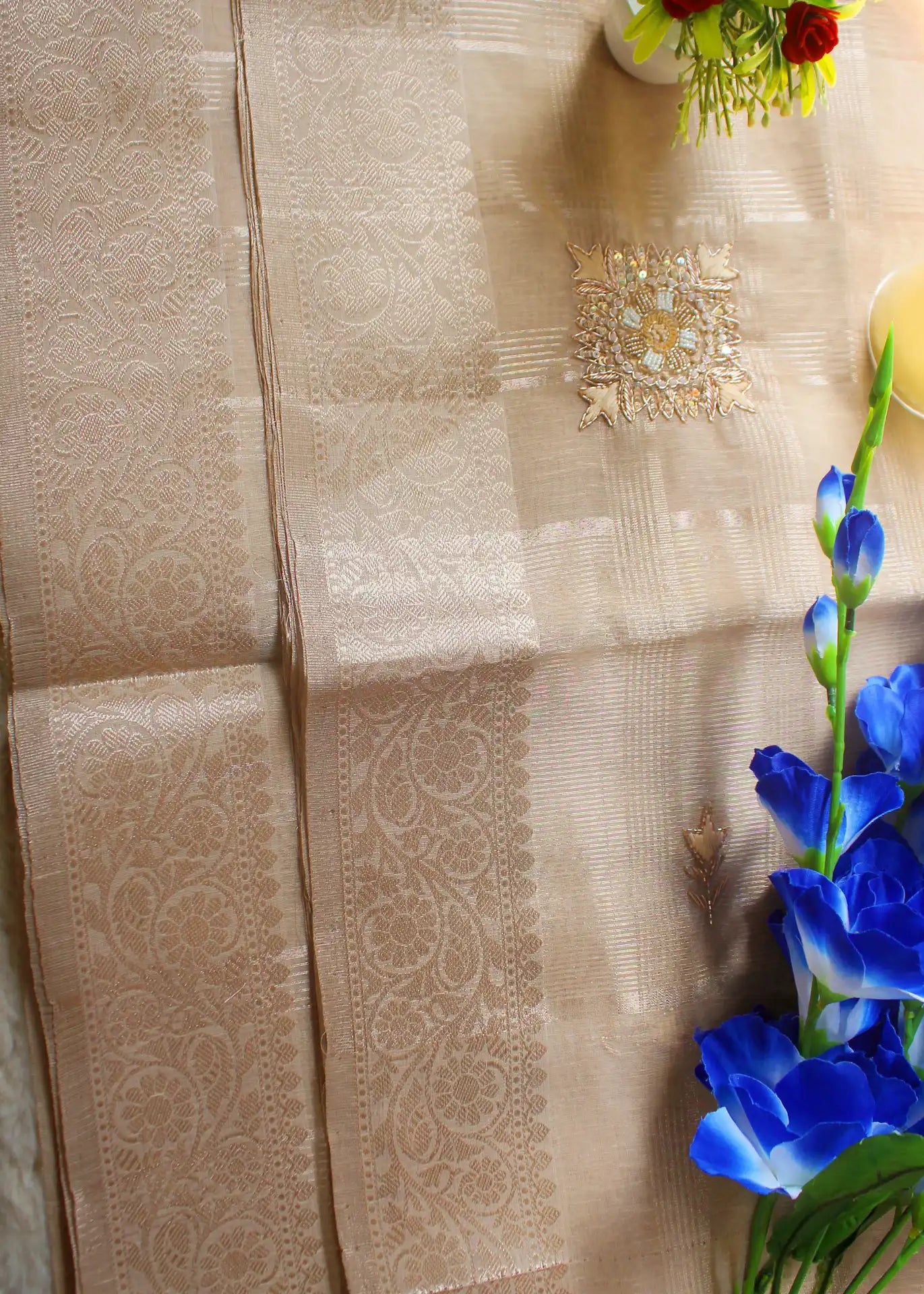 Beige Tissue Zari Saree