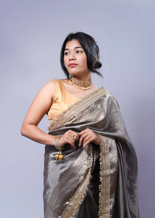 Banarasi Handwoven Tissue Saree in Grey with Zari & Lace details