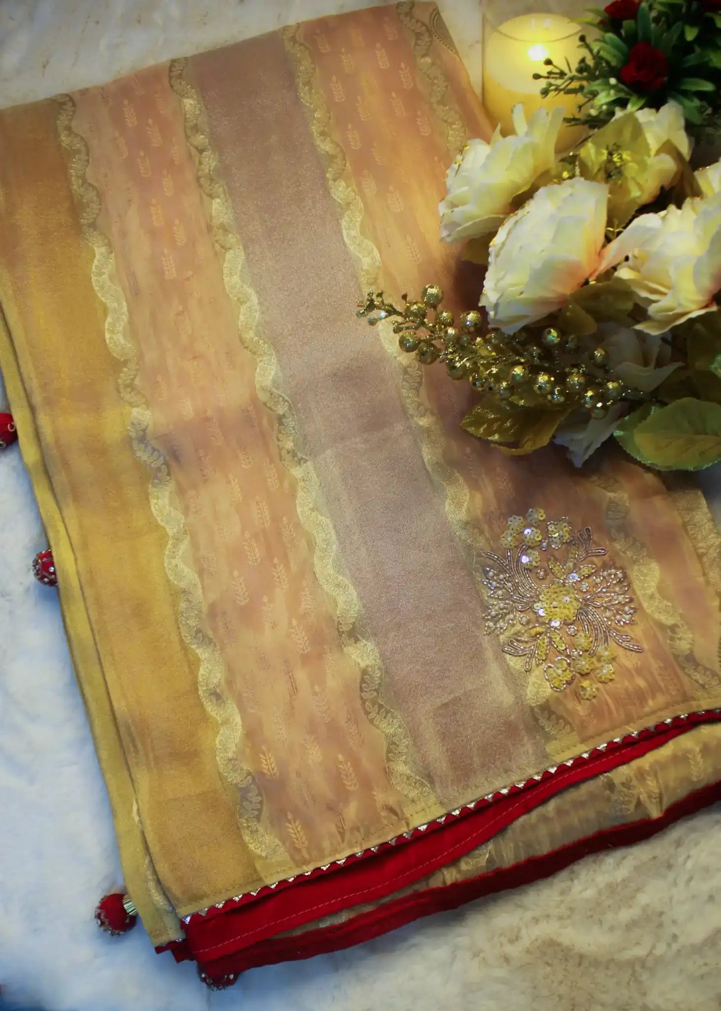 Golden Peach Satin-Organza Saree with Zari & Hand Embroidery
