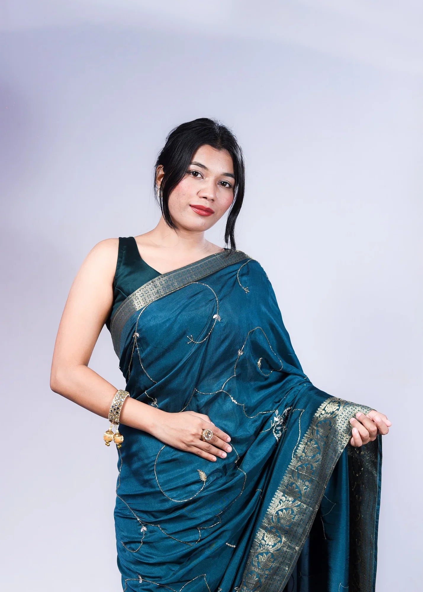 Green Dola Silk Saree with Handcrafted Zari Work and Banarasi Border