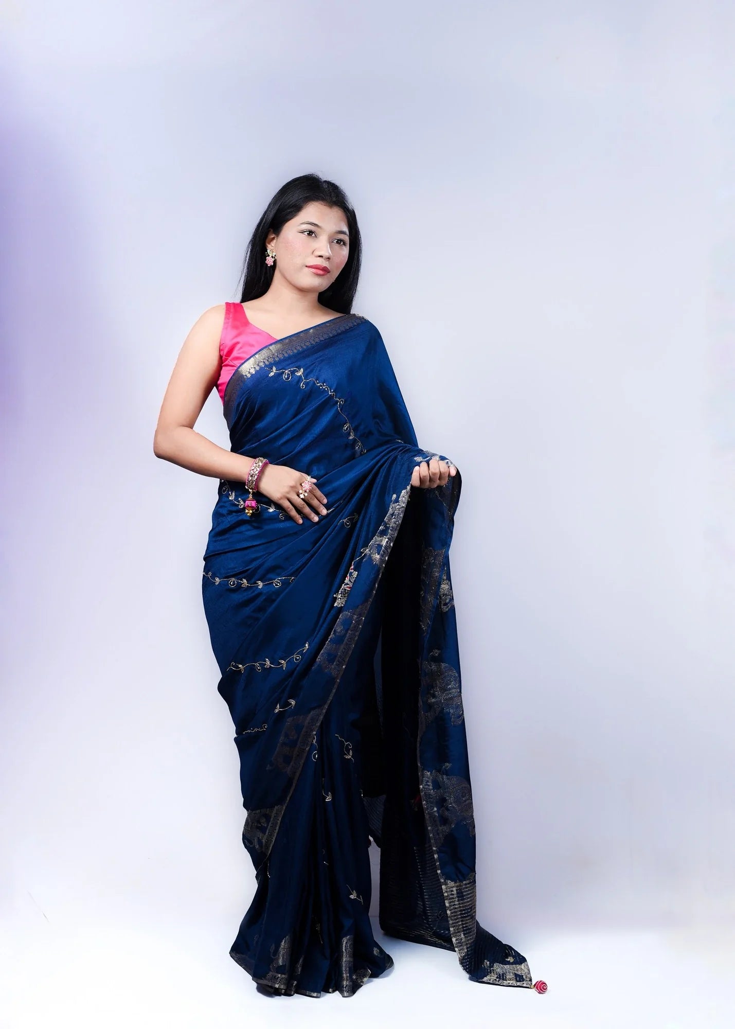 Blue Dola Silk Saree with Handcrafted Zari & Banarasi Border