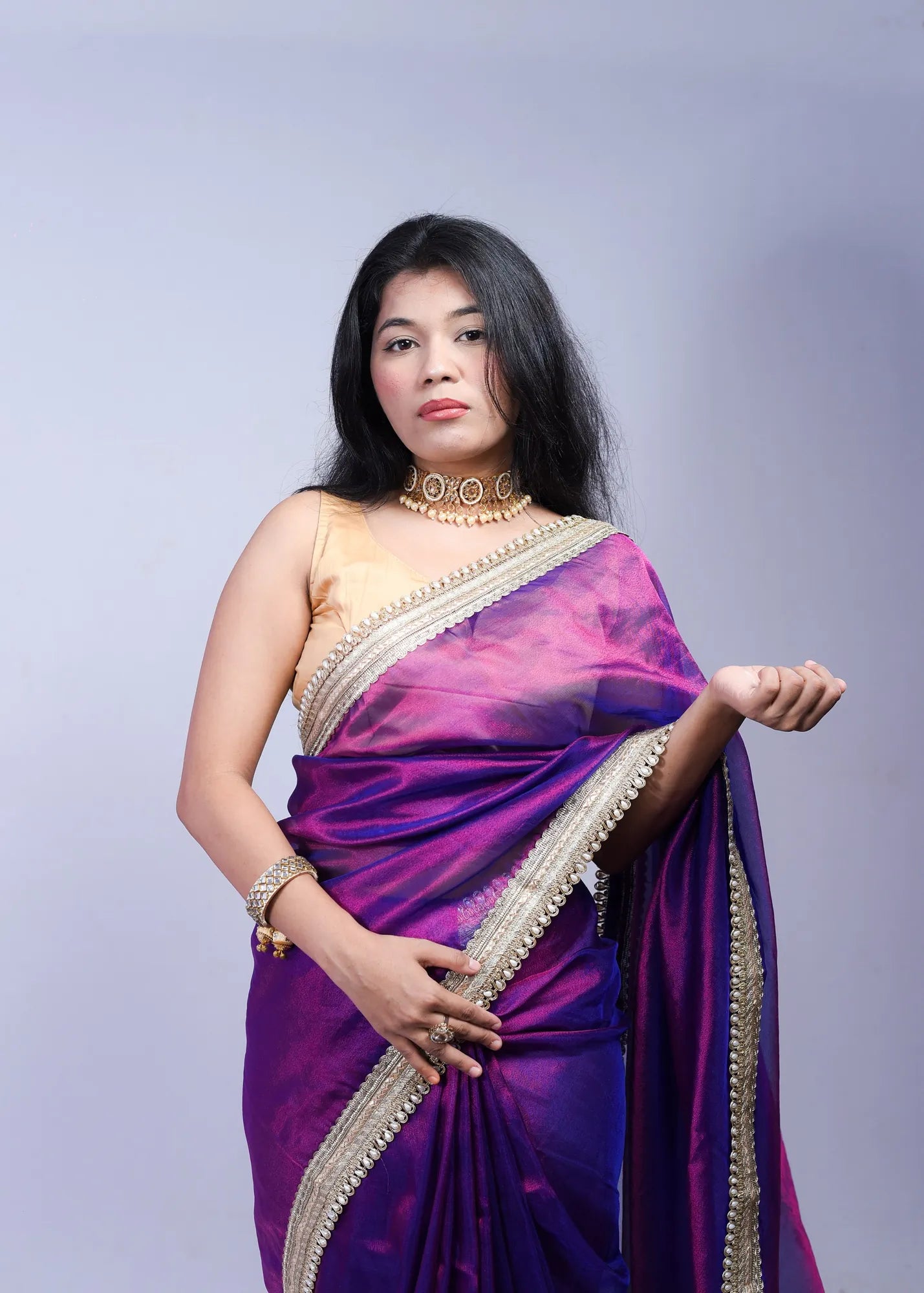 Banarasi Handwoven Tissue Saree in Purple with Zari & Lace