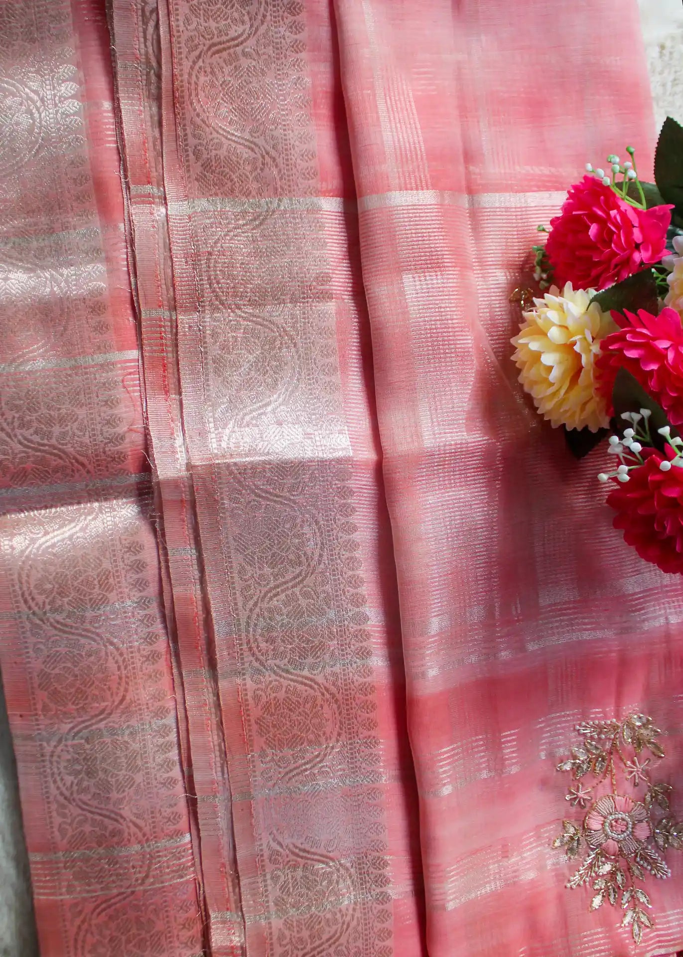 Pastel Pink Tissue Zari Saree