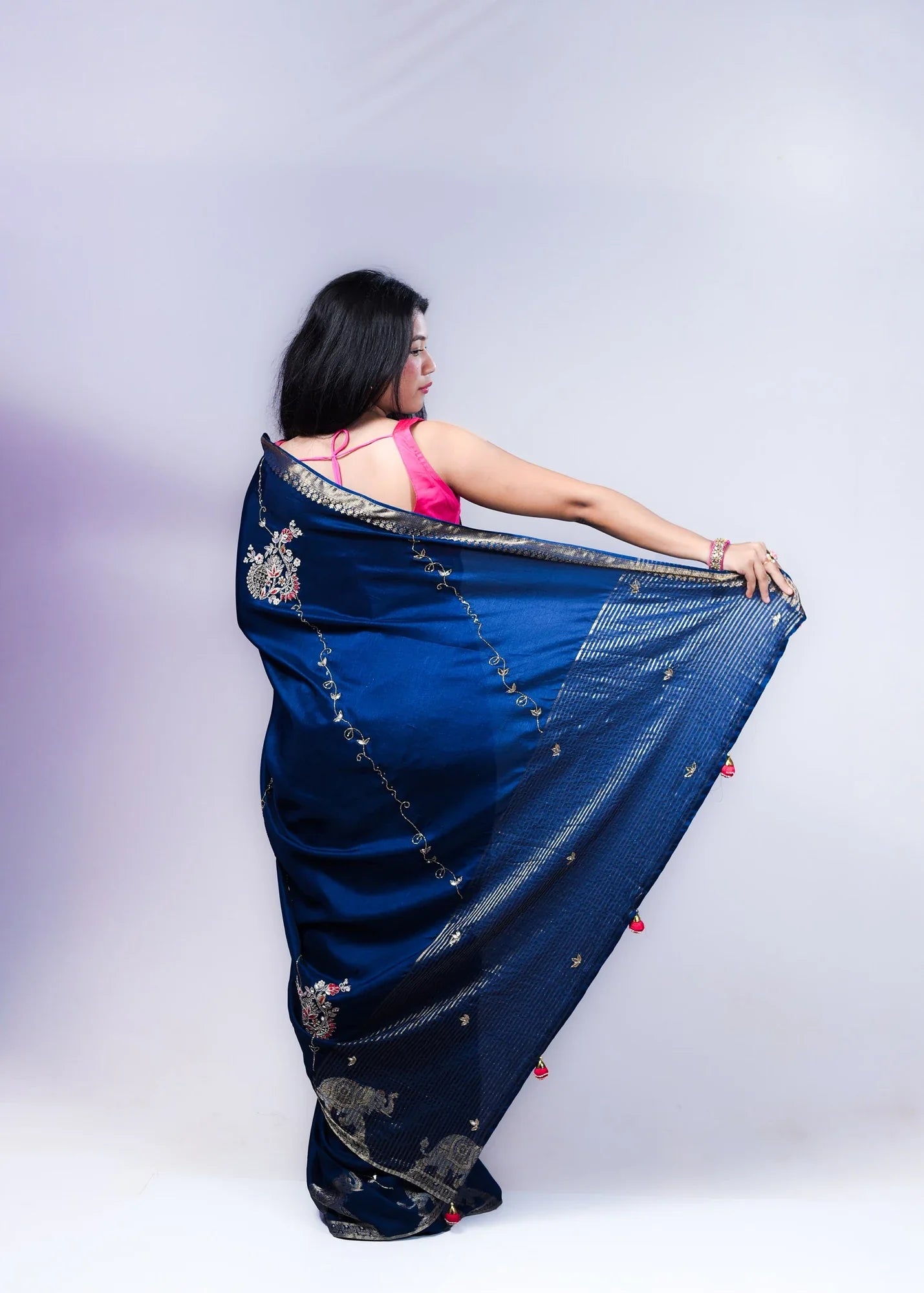 Blue Dola Silk Saree with Handcrafted Zari & Banarasi Border