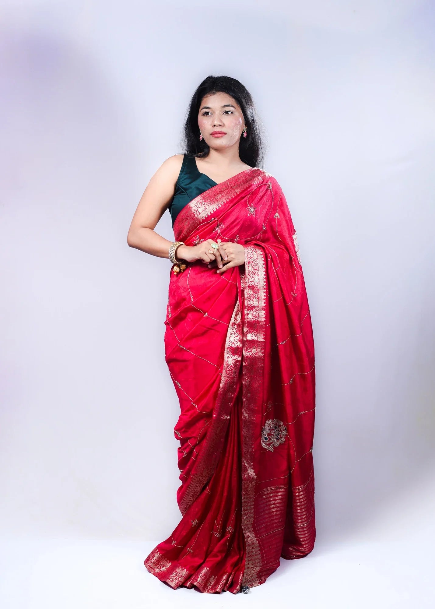 Pink Dola Silk Saree with All-Over Zari Embroidery work and Lace Detailing