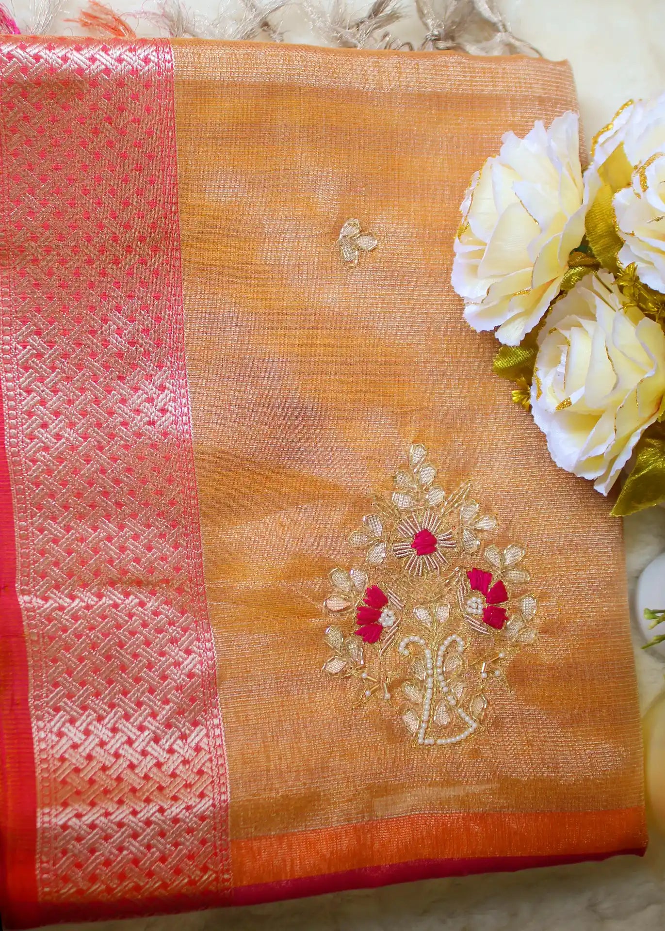 Saffron Tissue Zari Saree