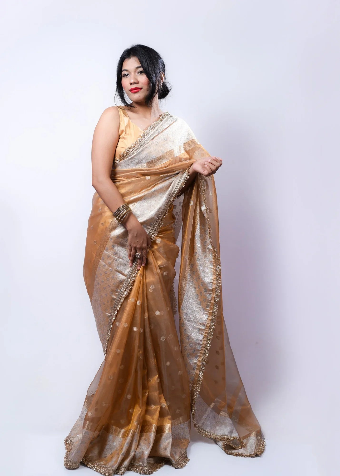 Banarasi Handwoven Tissue Saree with Zari Buti & Lace Border