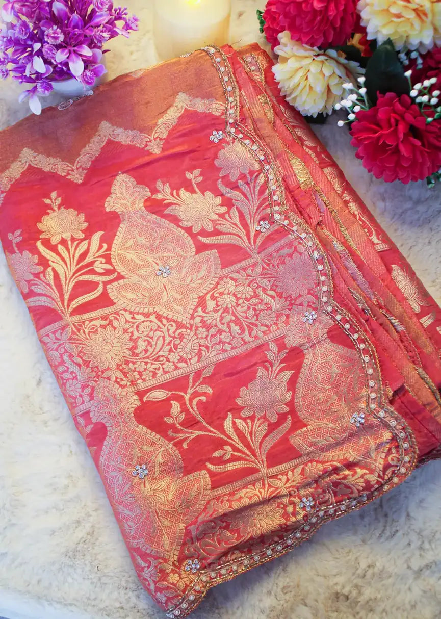 Rust Banarasi Silk Saree with Peacock & Floral Zari Work
