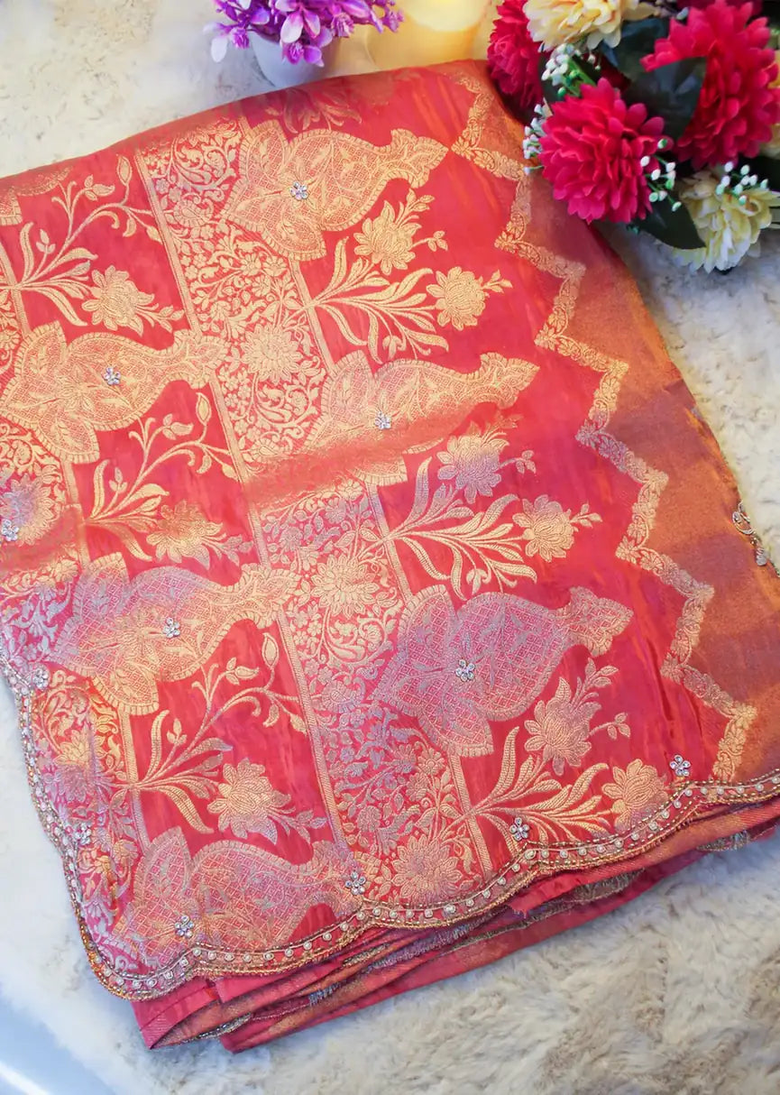 Rust Banarasi Silk Saree with Peacock & Floral Zari Work