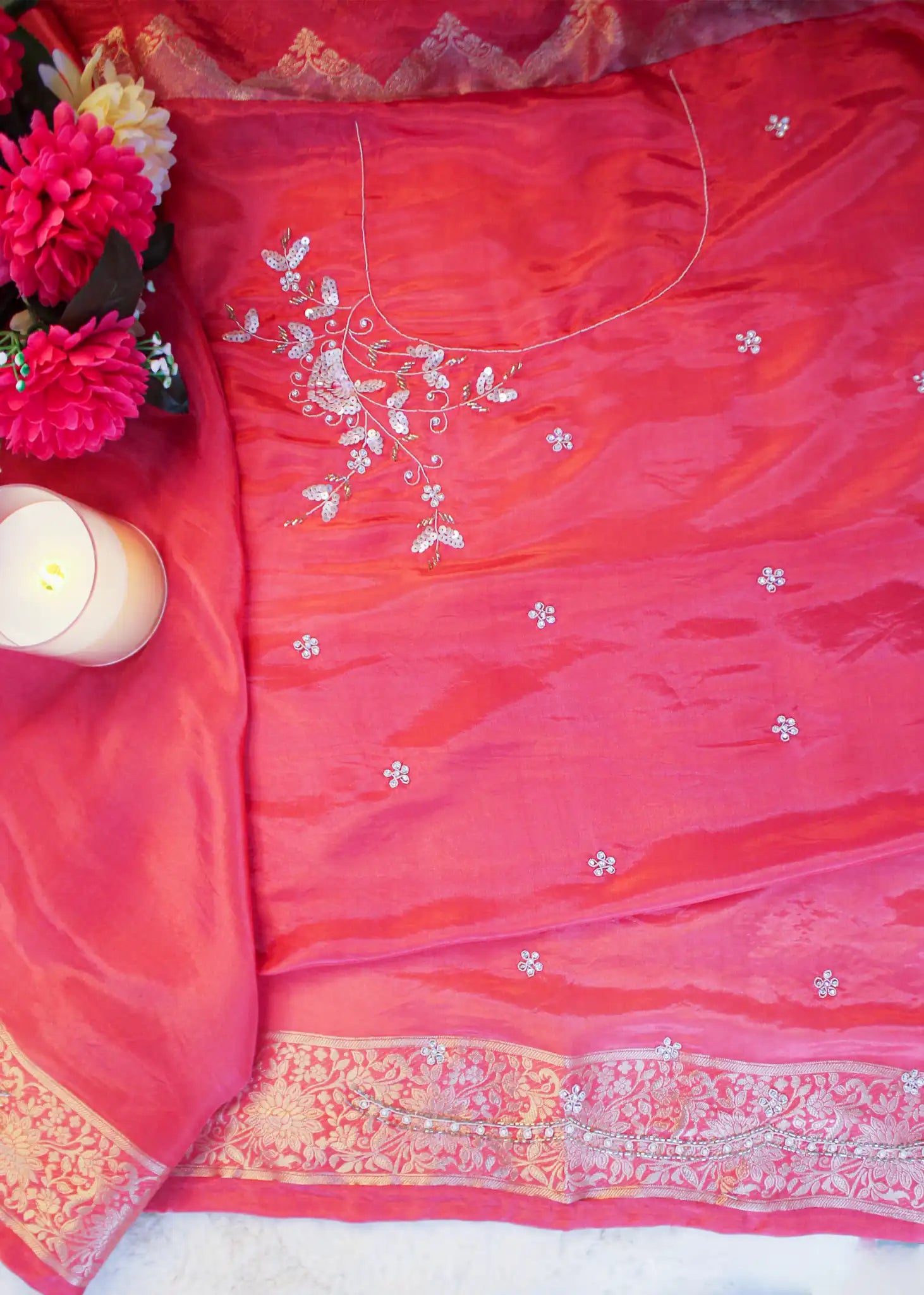 Rust Banarasi Silk Saree with Peacock & Floral Zari Work