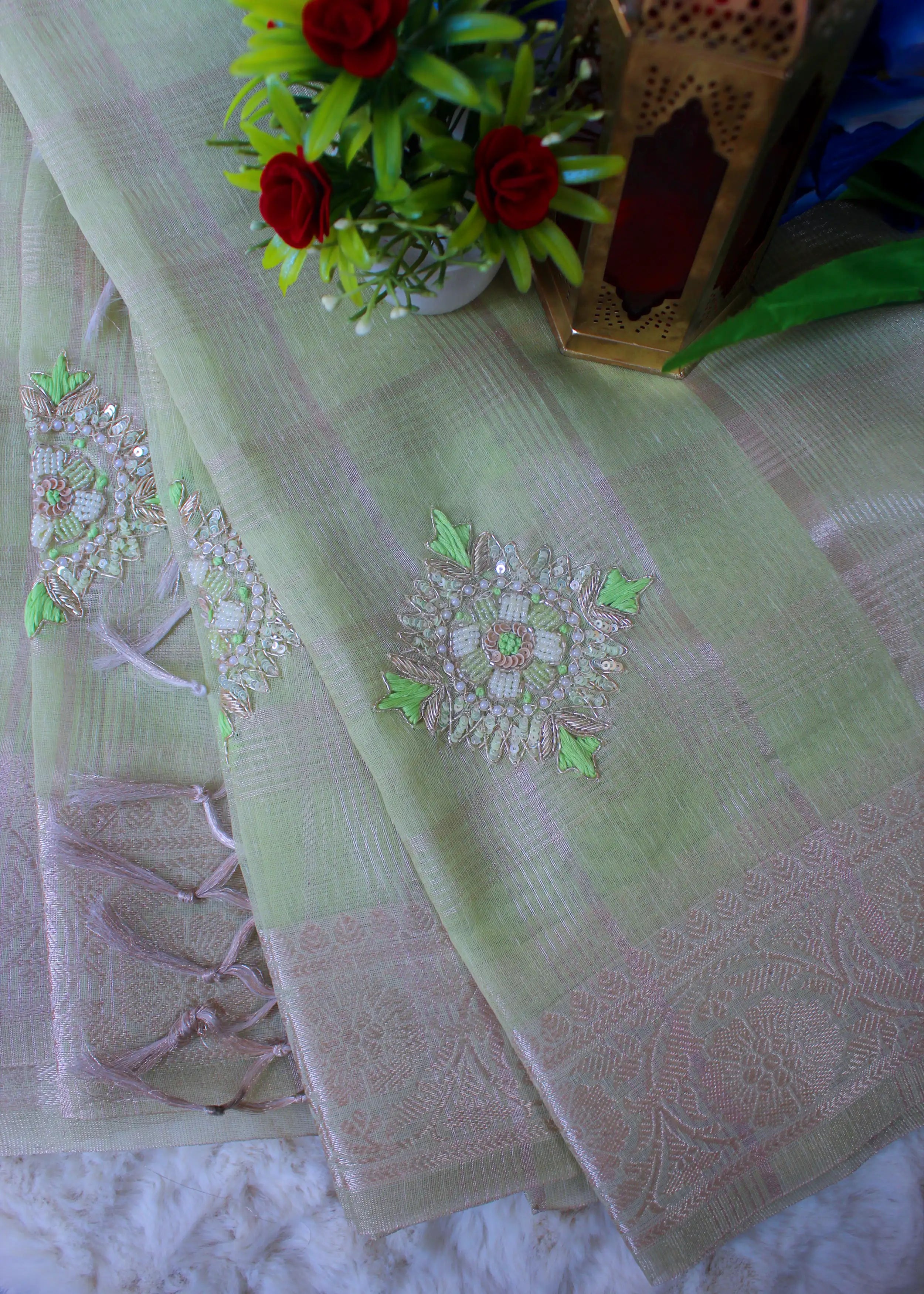 Pista Green Tissue Zari Saree