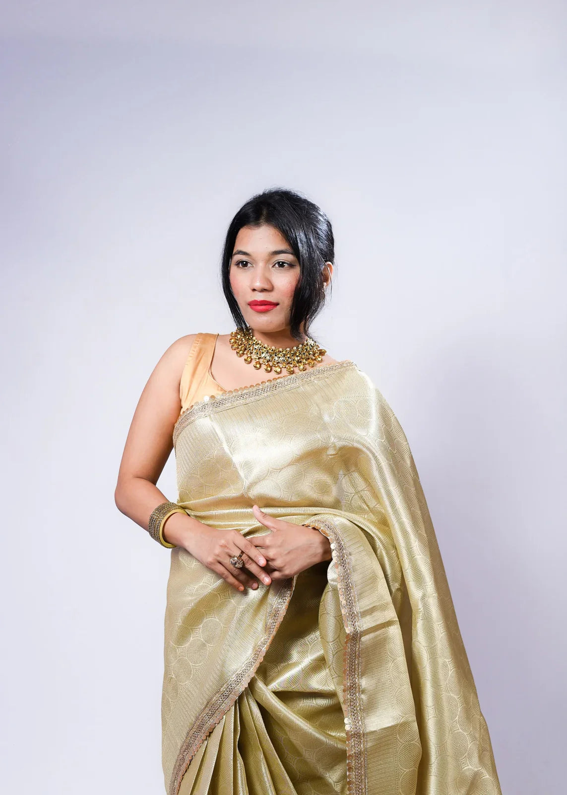 Banarasi Handwoven Gold Kanjivaram Tissue Saree with Zari Border & Subtle Lace