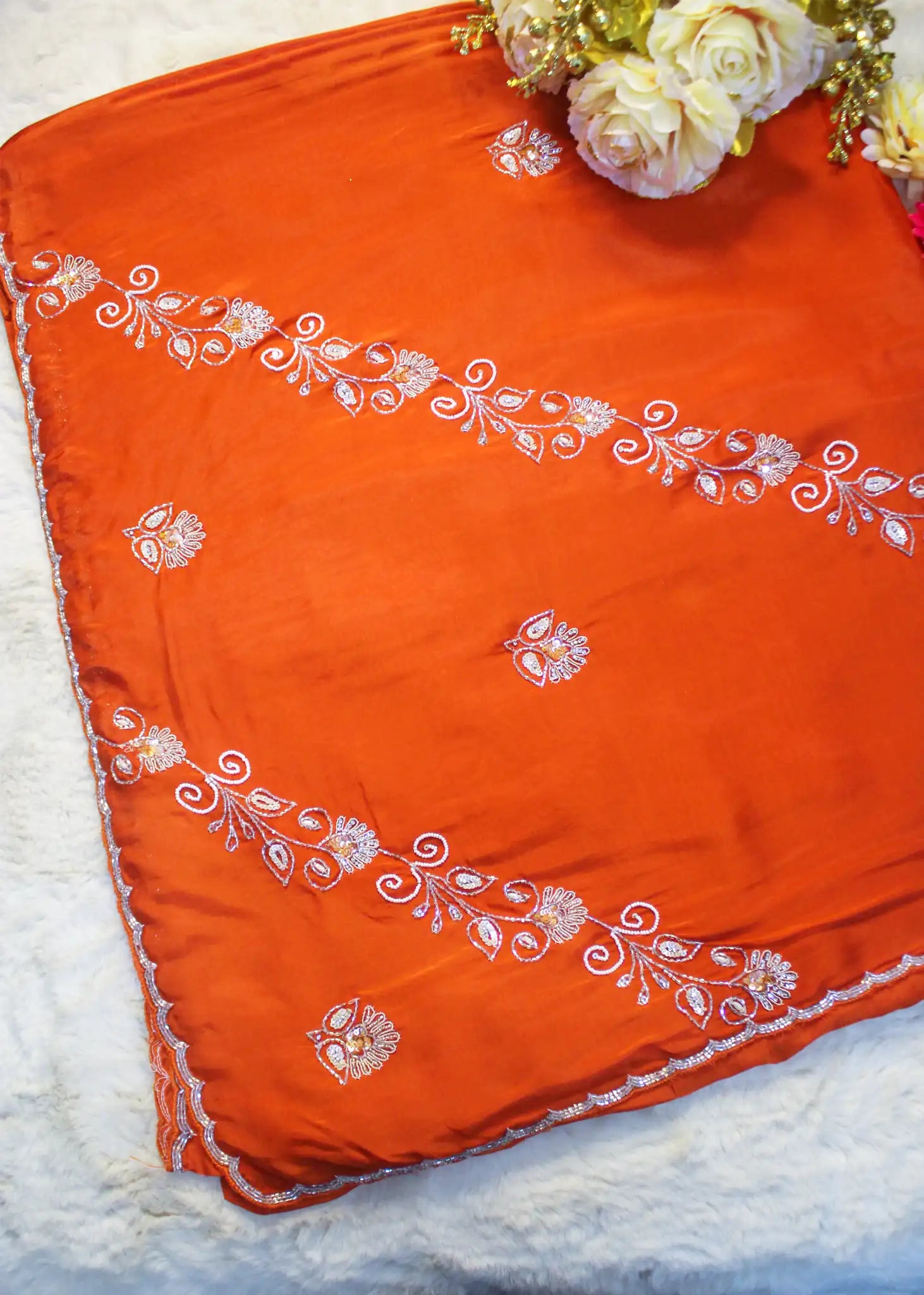 Orange Satin Silk Saree with Hand Embroidery & Beadwork