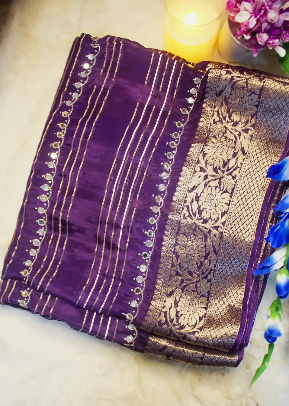 Deep Purple Satin Saree with Silver Stripes & Embellished